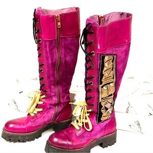 Pink Lace Up Boots with Gold Accents